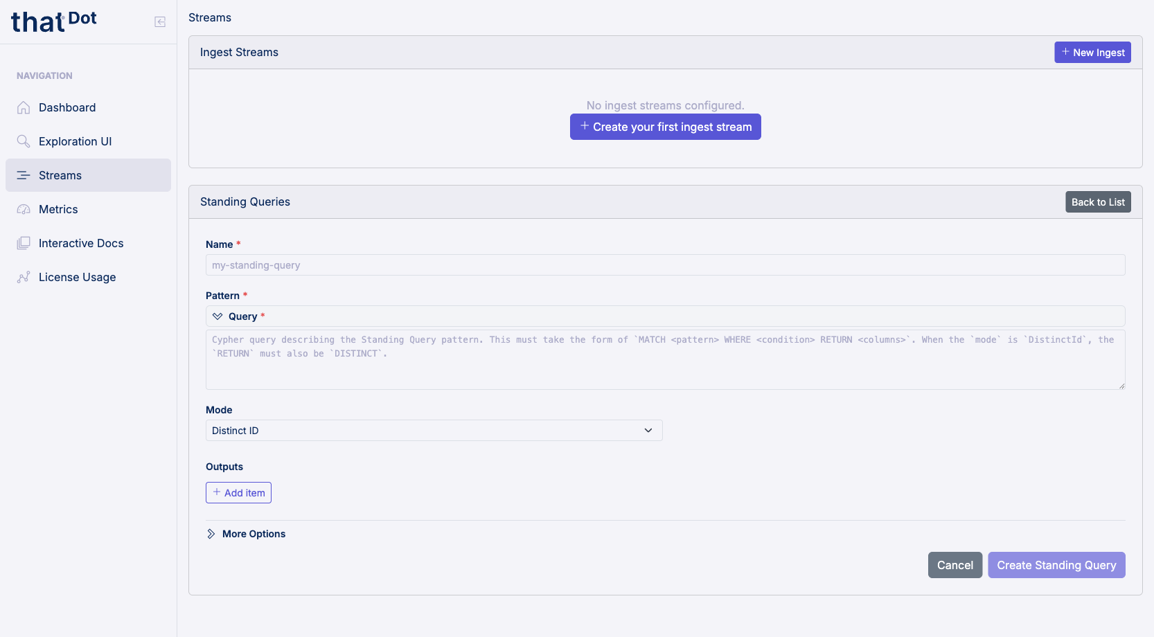 Standing query creation form with name, pattern, mode, and outputs fields
