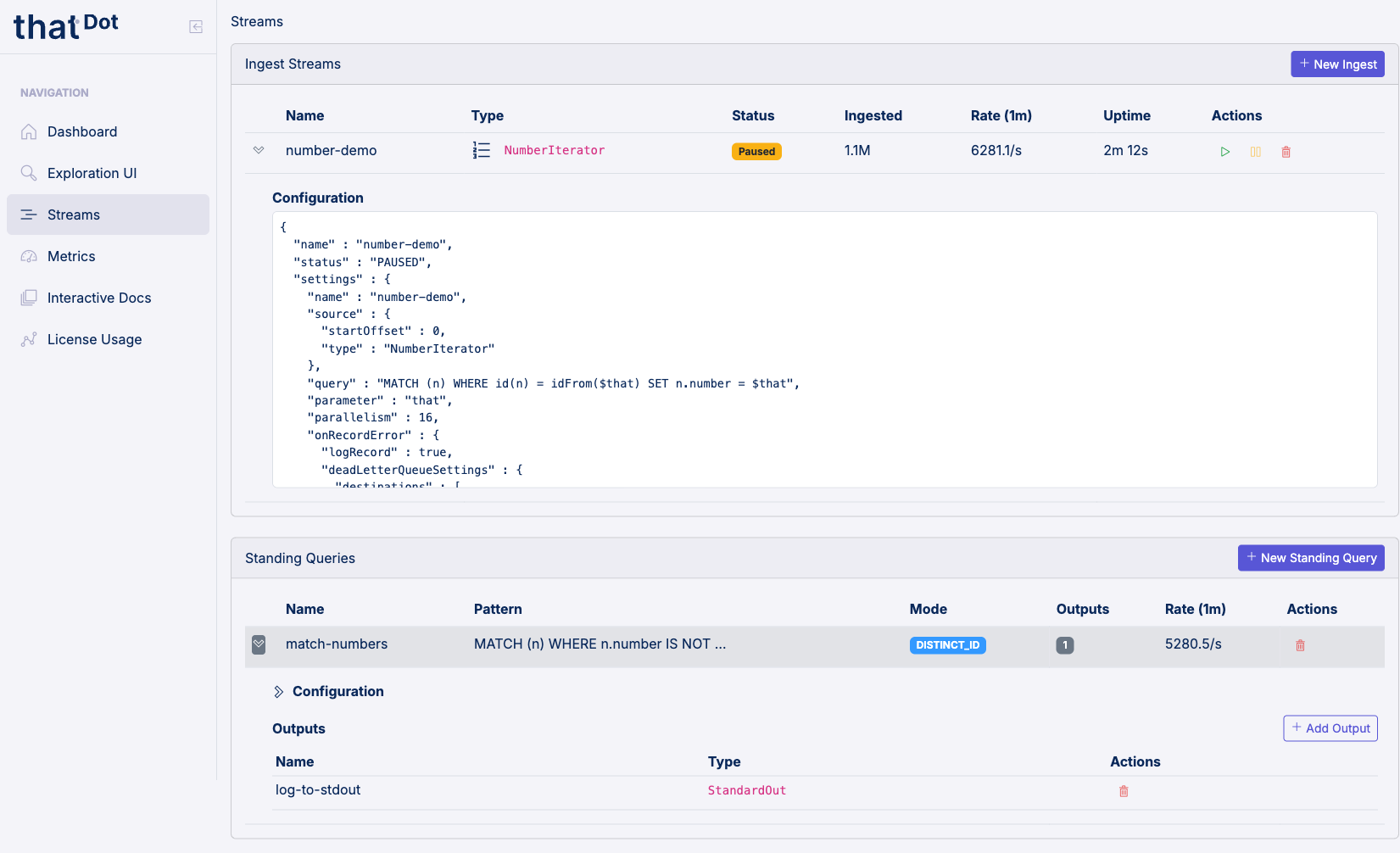 Expanded standing query showing the outputs table and Add Output button